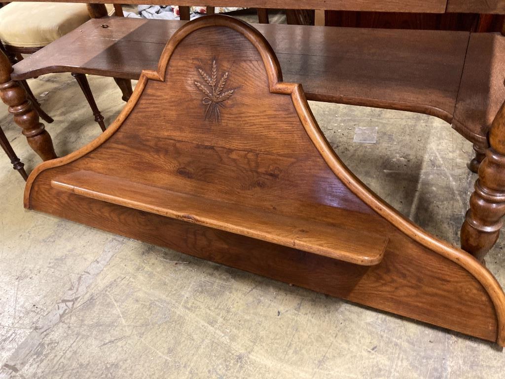 A 19th century French marble top oak patisserie table, width 150cm, depth 62cm, height 142cm